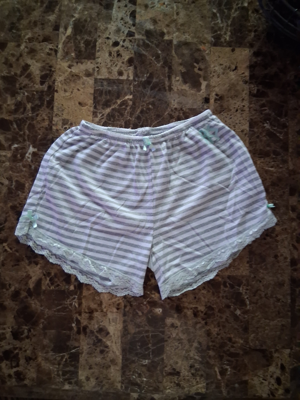DKNY Lavender and White Striped Lace-Trim Sleep Shorts